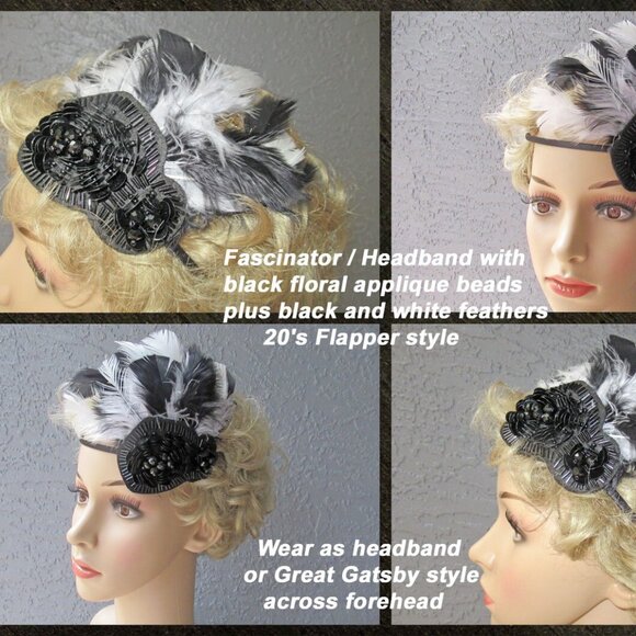 Fascinator / Headband, Black beads + black & white feathers on narrow black band - Picture 6 of 14